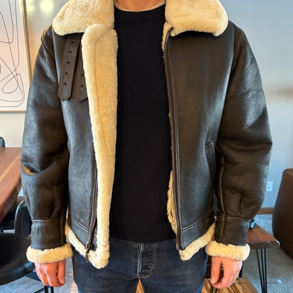 Brown Shearling B3 Bomber Aviator Jacket - Picture 13 of 15